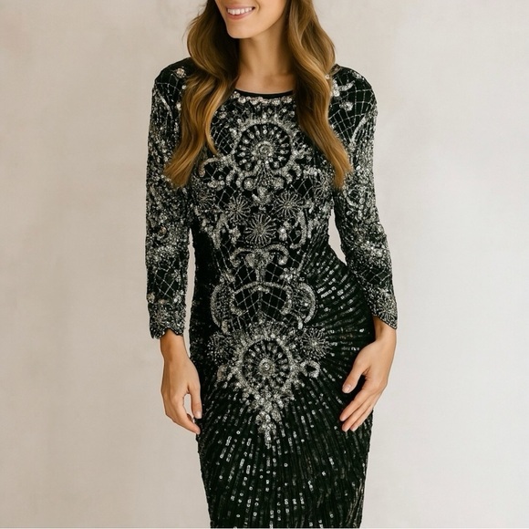 VINTAGE CHAMPELLYSE Great Gatsby Beaded Cocktail Long Sleeve Midi Dress - Picture 1 of 13